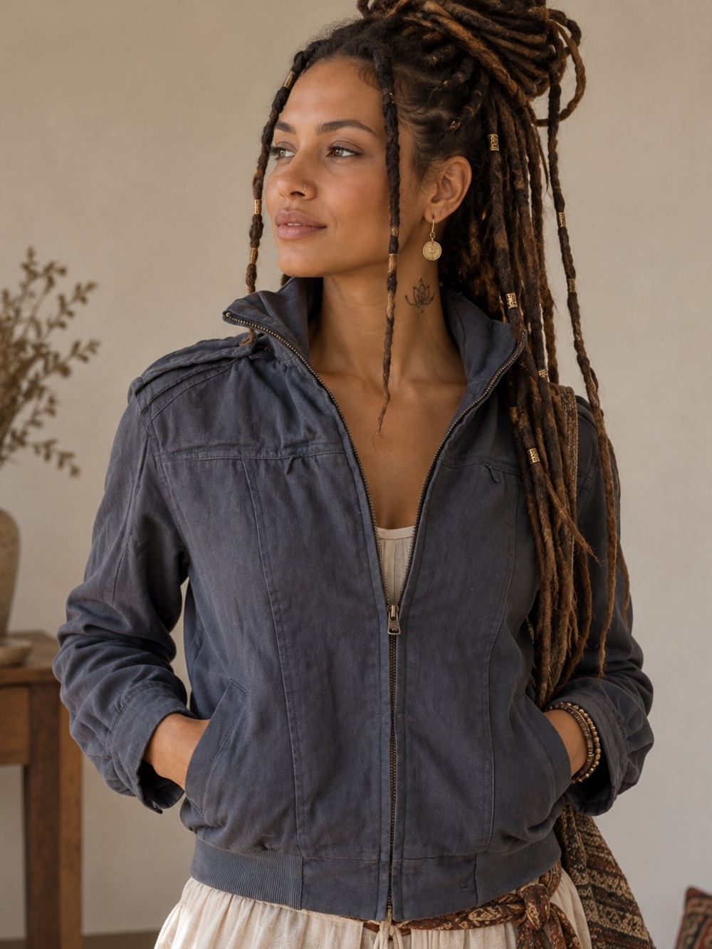 Hemp Hoodlamb XS zip front bomber jacket hemp w/silk lining, hooded, great cond